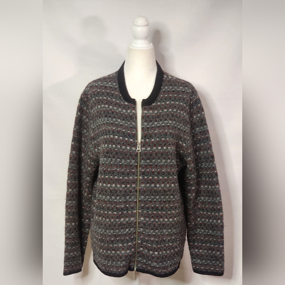 Ladies Woolrich Classic Striped 100% Wool Zip Up Cardigan Size L Vintage 90s